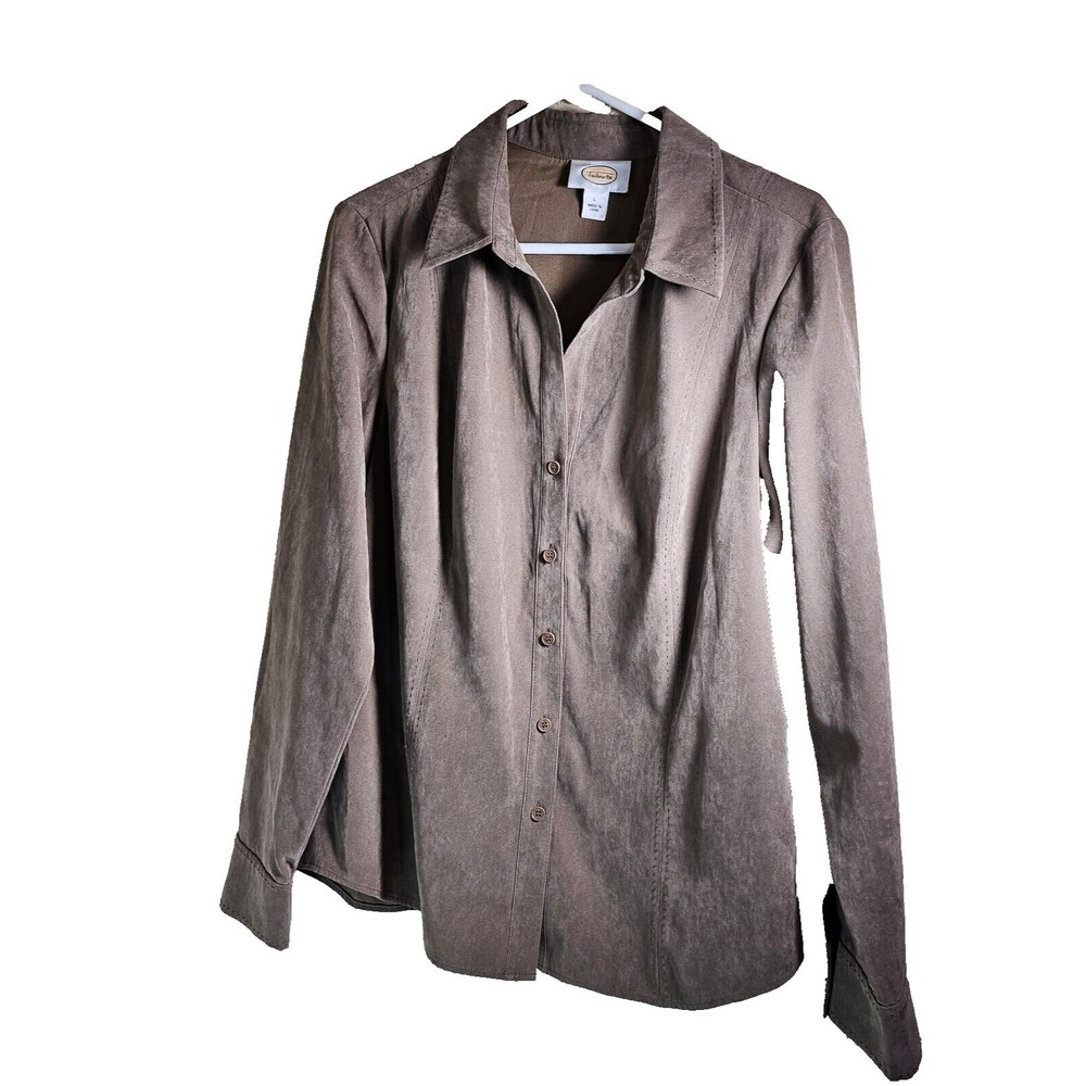 Talbots Faux Suede Light Brown Long Sleeve Button Up Blouse Size Large